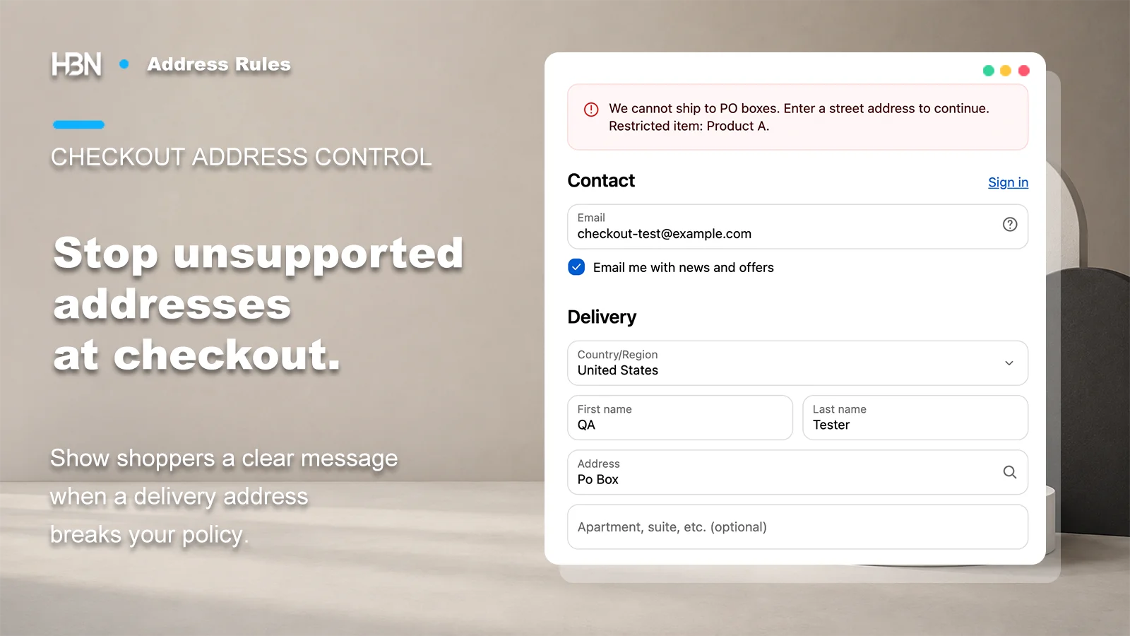 Checkout example showing a PO box restriction, a request for a street address, and the affected product
