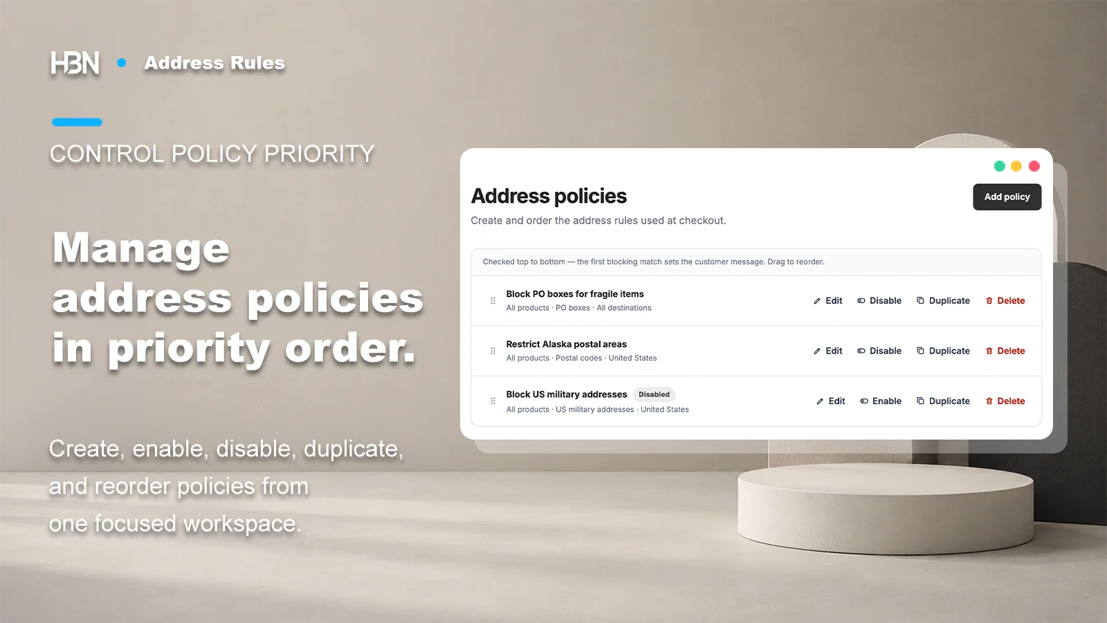 Address policy list with drag handles, edit and duplicate actions, and a disabled US military address policy
