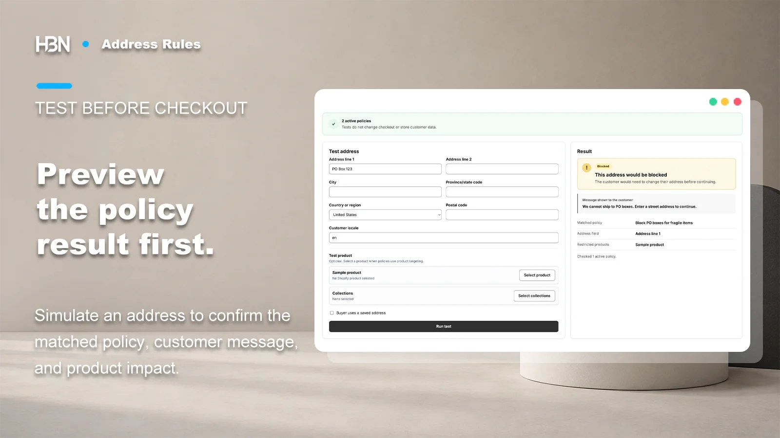 Address simulator with a PO Box 123 test input and a blocked result showing the policy, customer message, address field, and restricted product