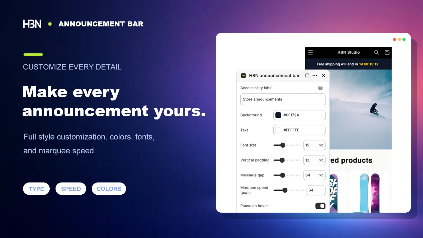Announcement bar editor with styling controls