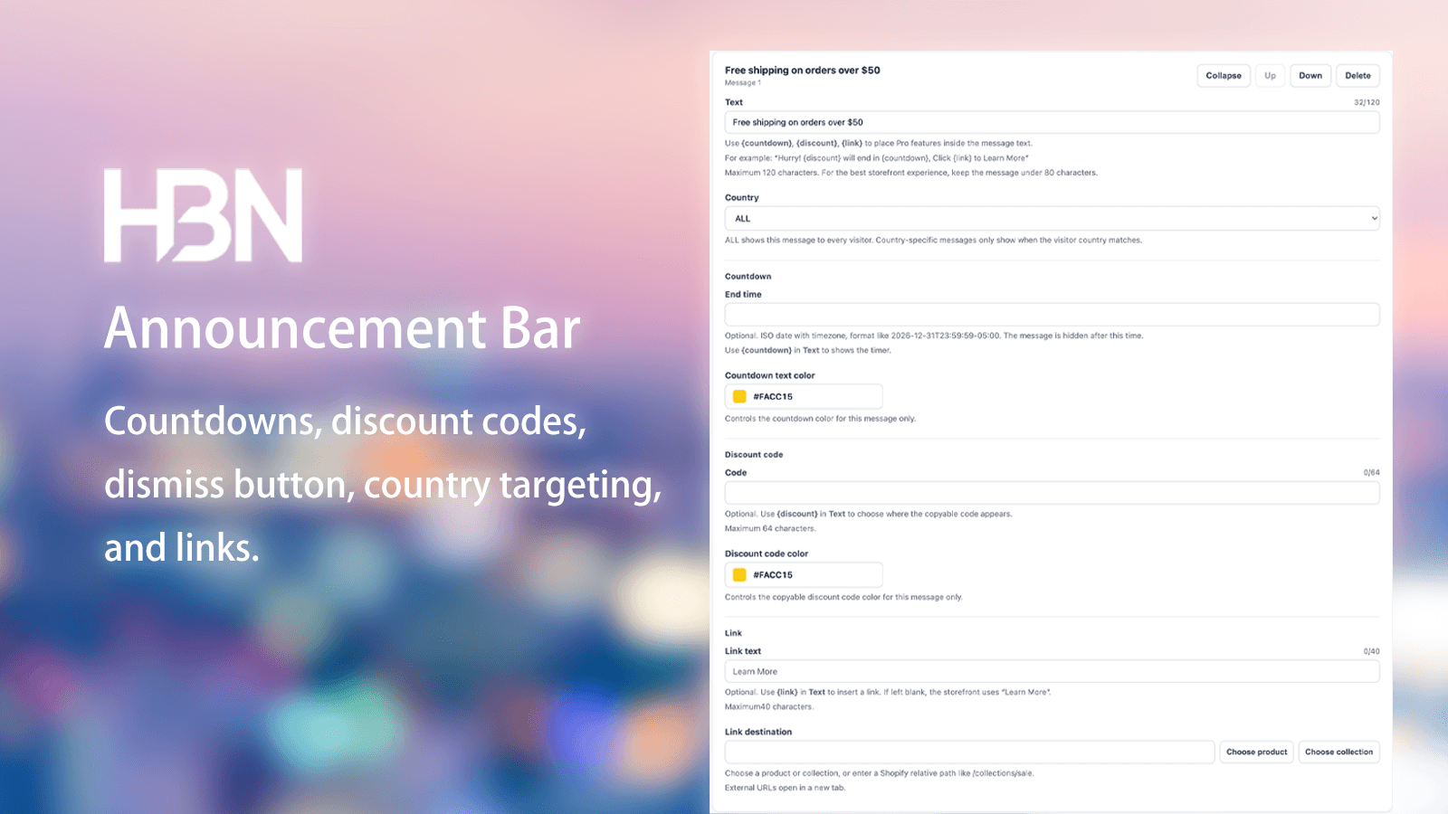 Countdown, link, discount, dismiss, and location controls