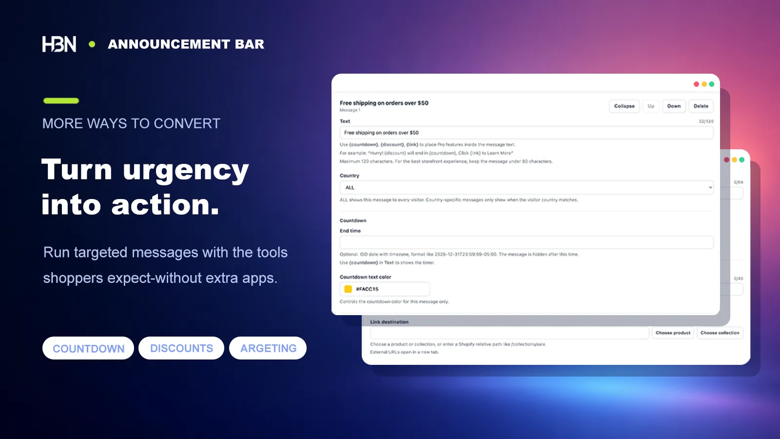Countdown, link, discount, dismiss, and location controls