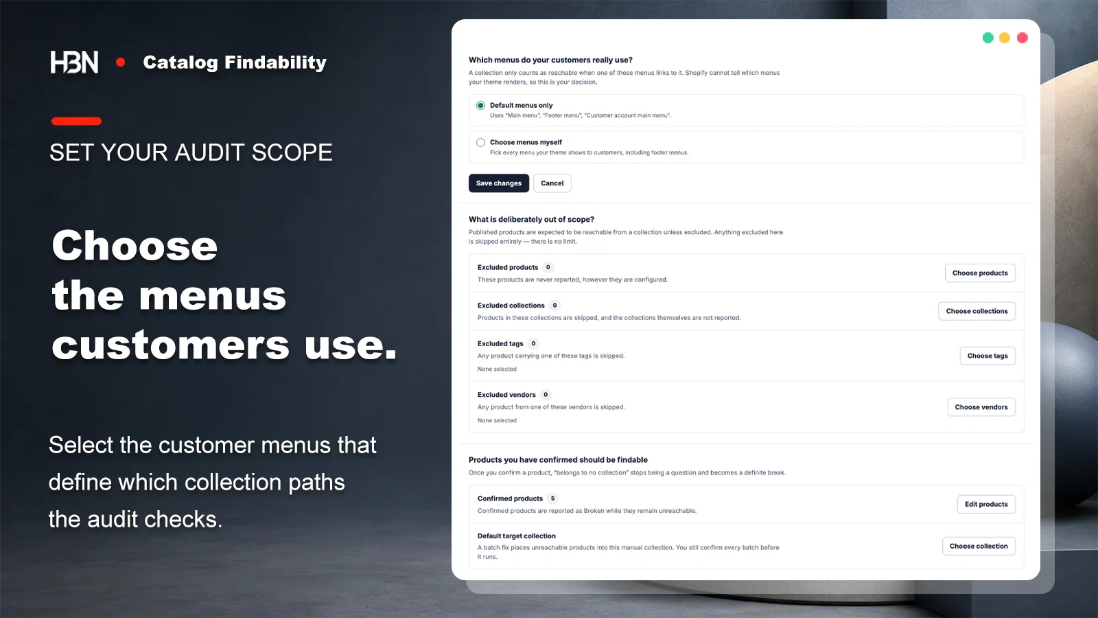 Catalog audit strategy with default or selected menu scope, exclusions, confirmed products, and a target collection