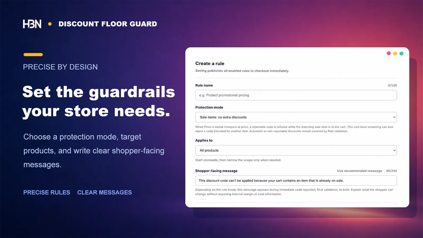 Rule editor for price limits, scope, and shopper messaging