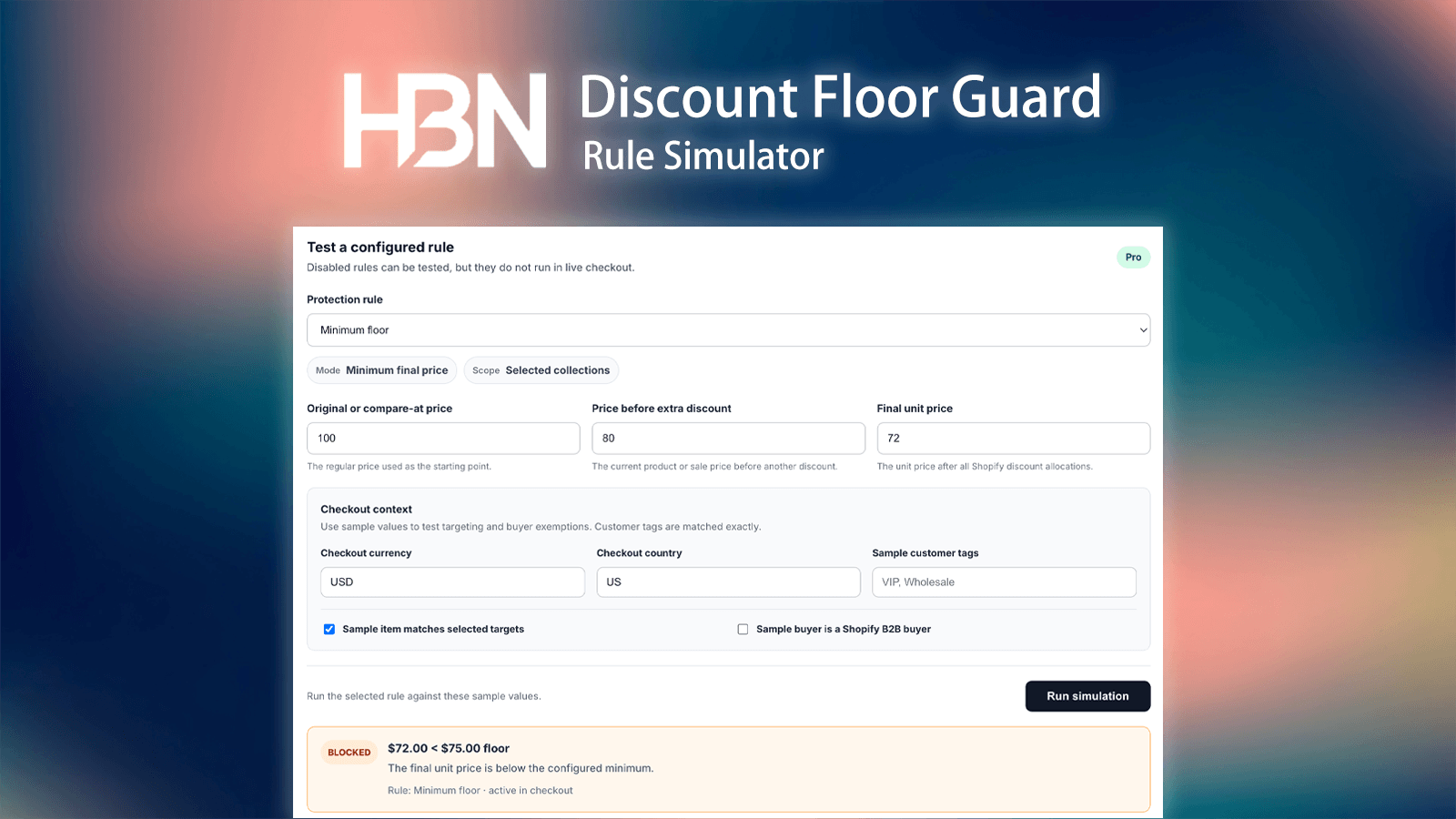 Simulator showing a final price blocked below its configured floor