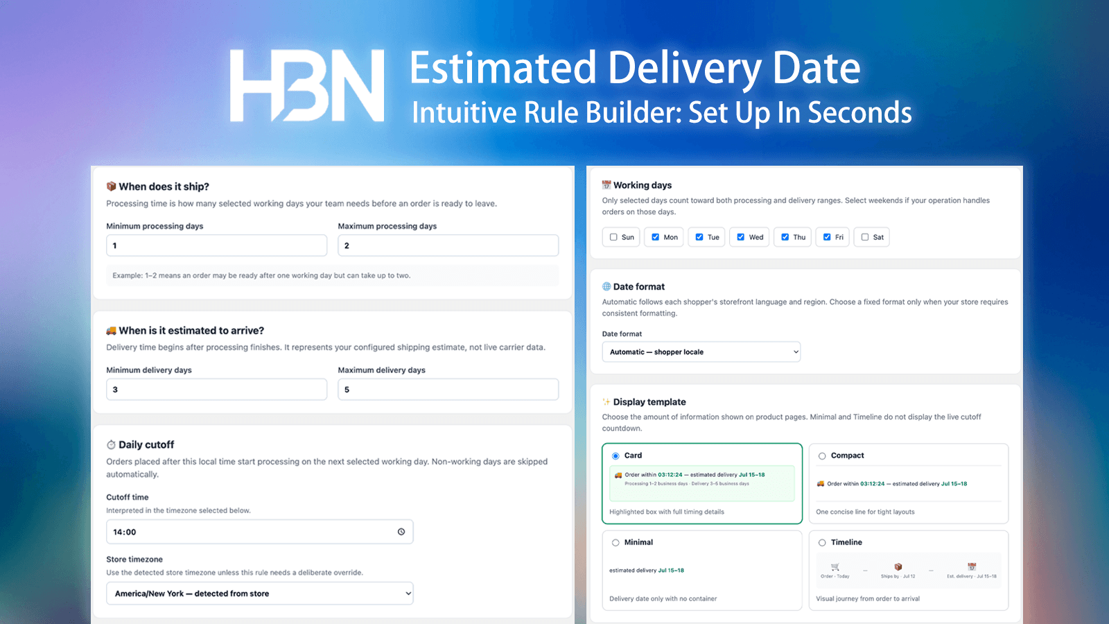 Delivery rule builder with processing, transit, cutoff, and working-day settings