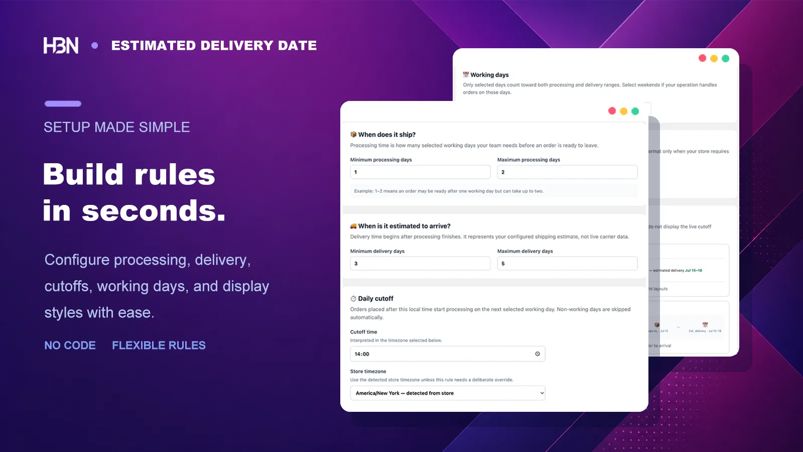 Delivery rule builder with processing, transit, cutoff, and working-day settings