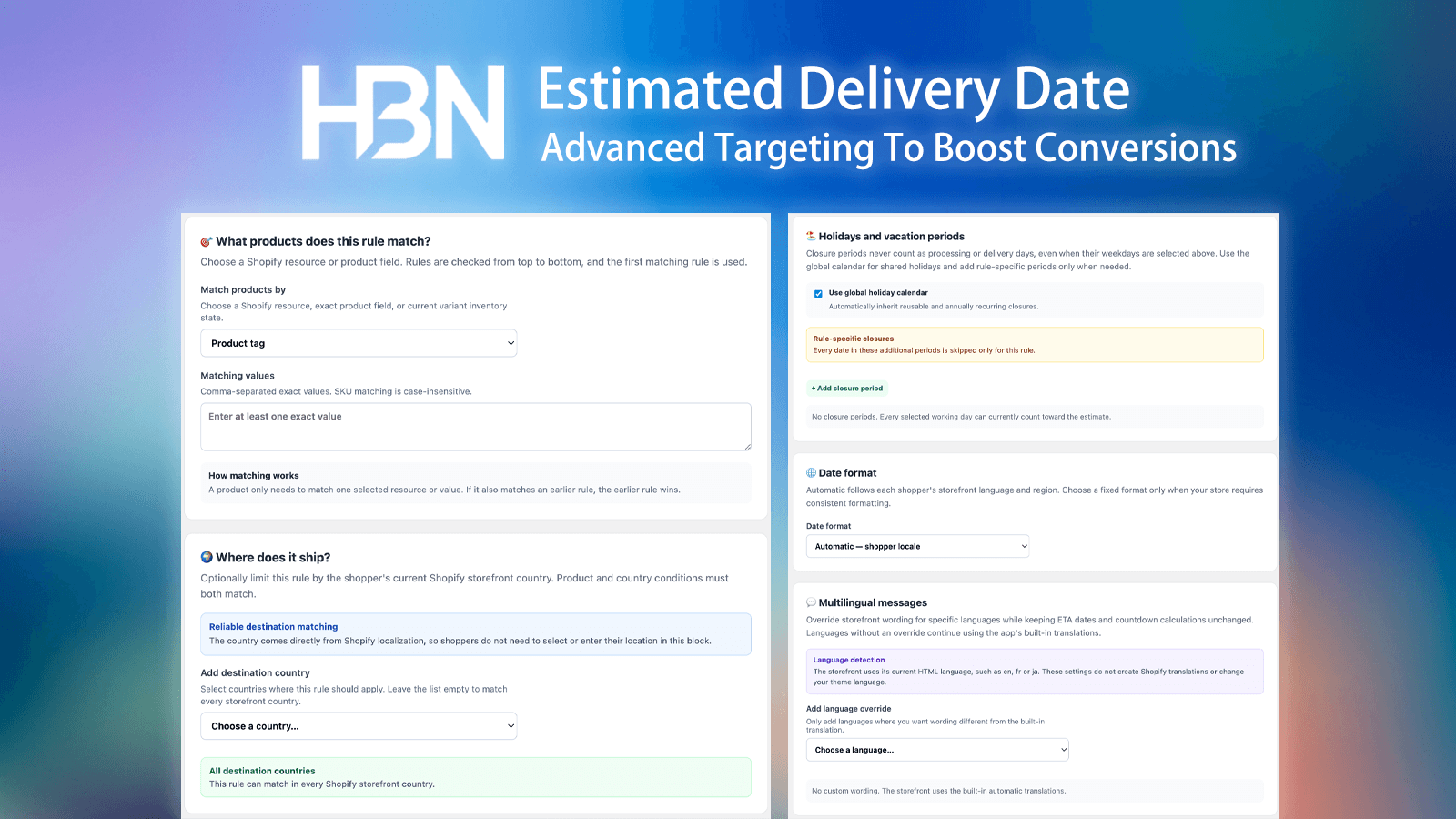 Product, inventory, and country targeting for delivery estimates