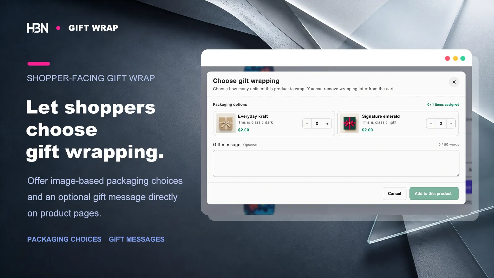 Gift wrapping choices and an optional gift message on a Shopify product page