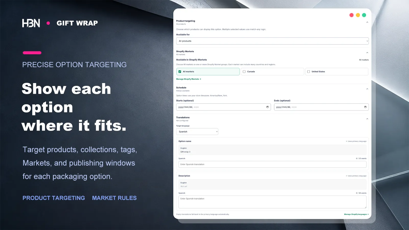 Gift wrap targeting controls for products, collections, tags, Shopify Markets, schedules, and translations