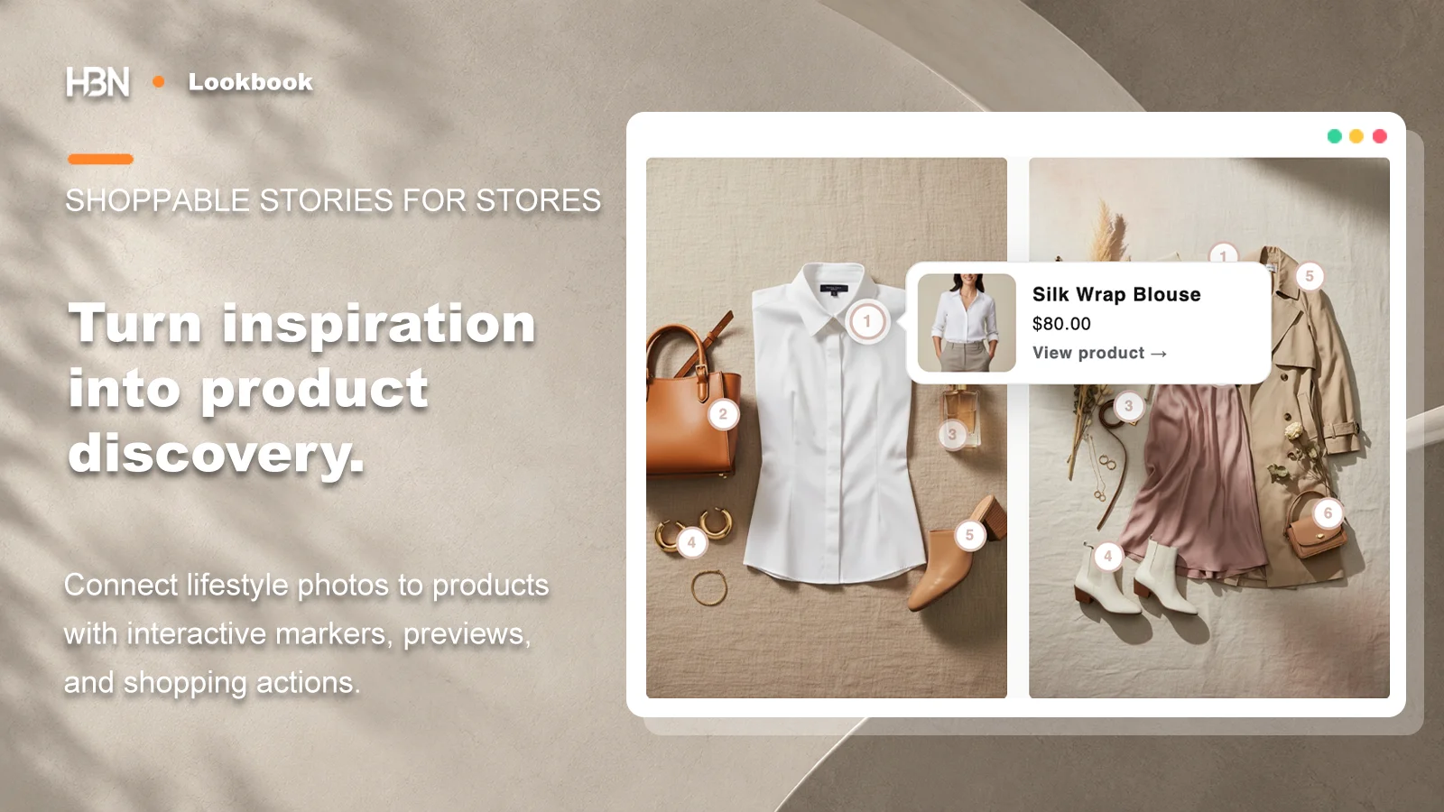 Lifestyle outfit photos with numbered product markers and a preview for a silk wrap blouse