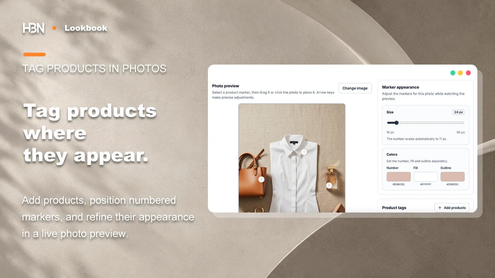 Lookbook photo editor with numbered product markers and marker appearance controls