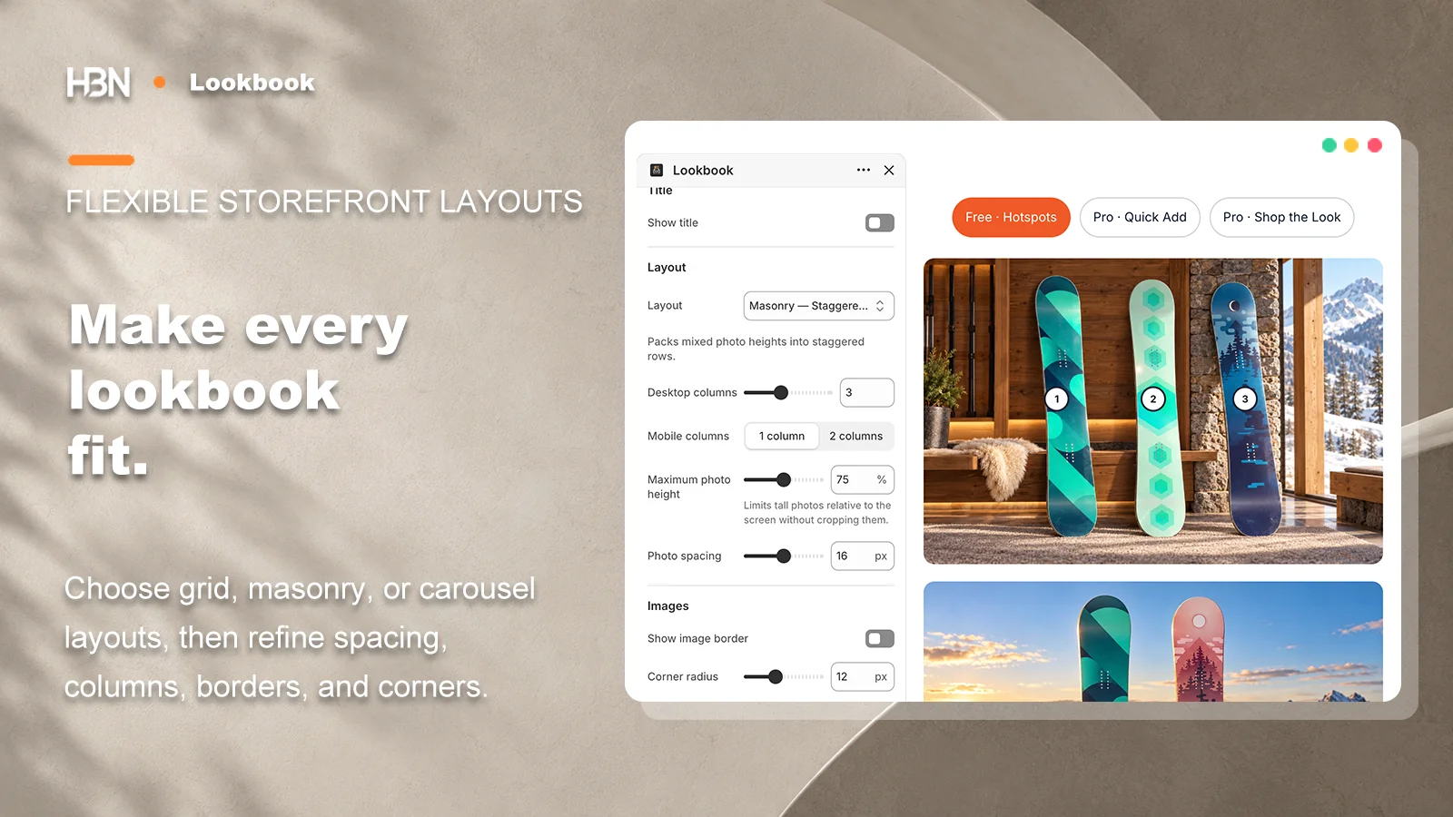 Shopify theme editor showing lookbook layout, columns, spacing, border, and height settings