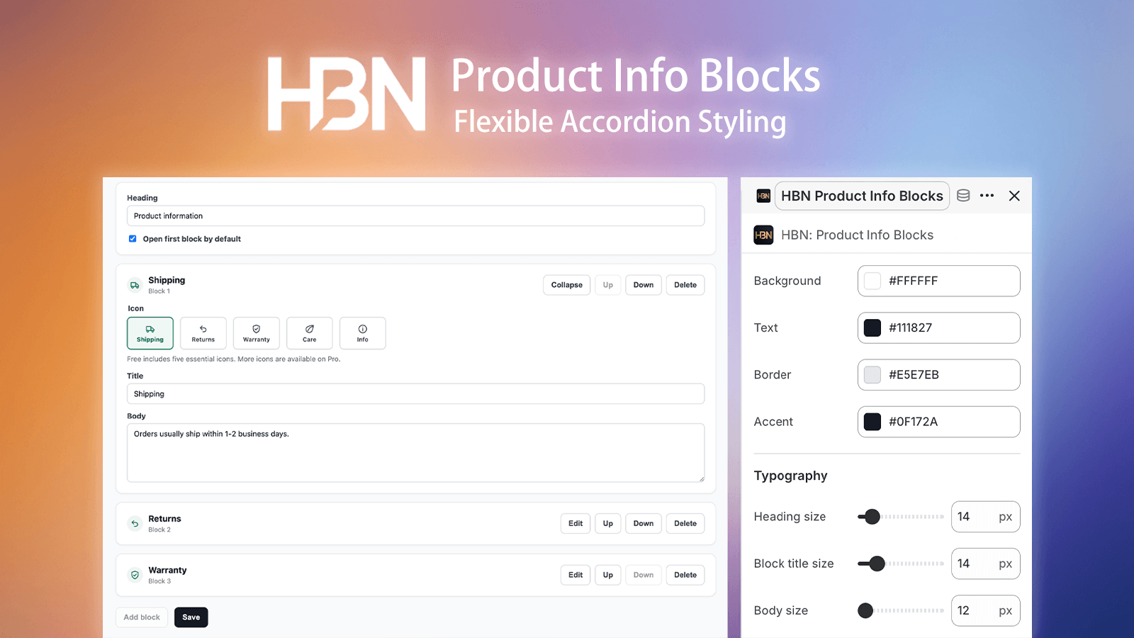 Product information accordion styling on desktop and mobile