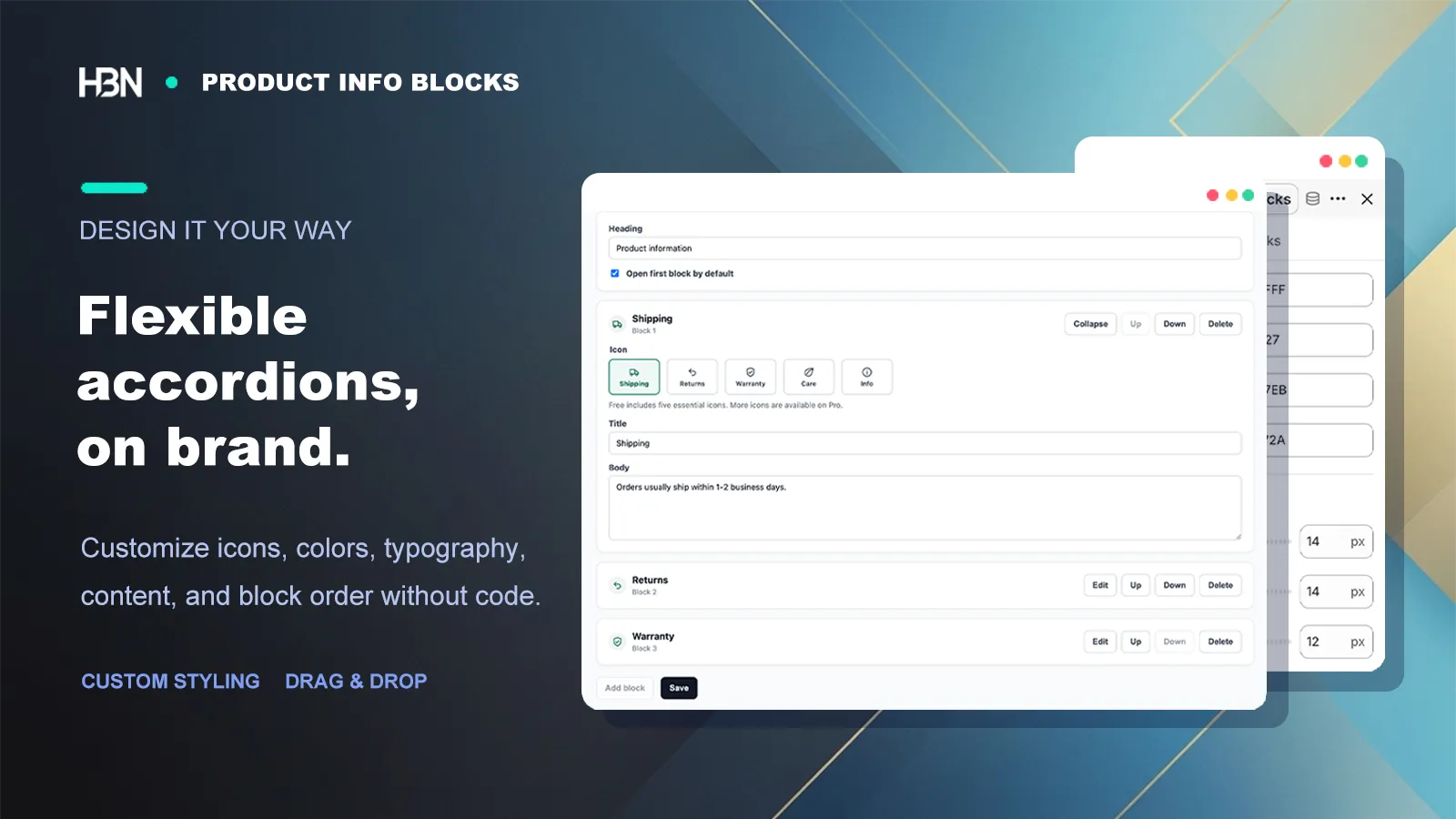 Product information accordion styling on desktop and mobile