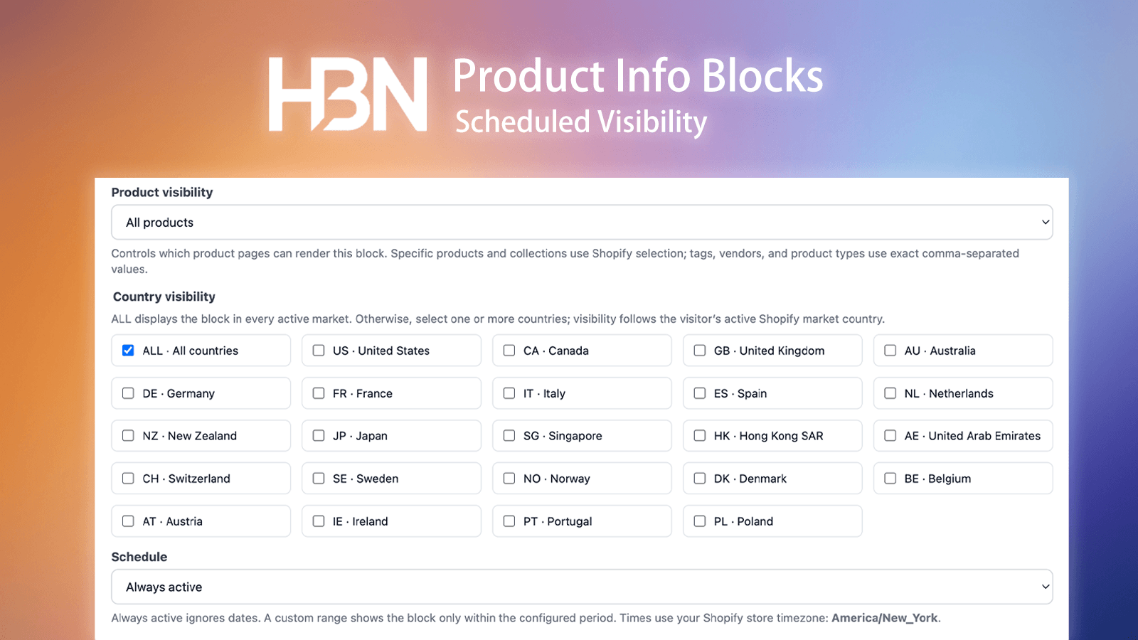 Visibility and scheduling controls for a product information block