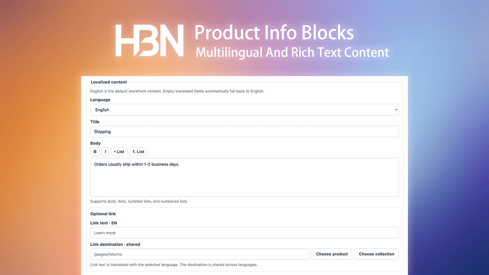 Rich text, resource links, icons, and multilingual product information