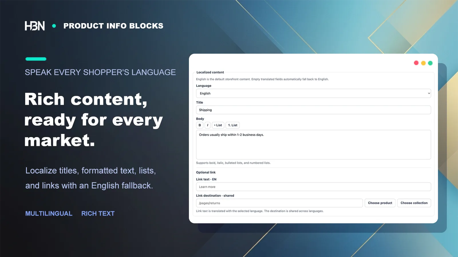 Rich text, resource links, icons, and multilingual product information
