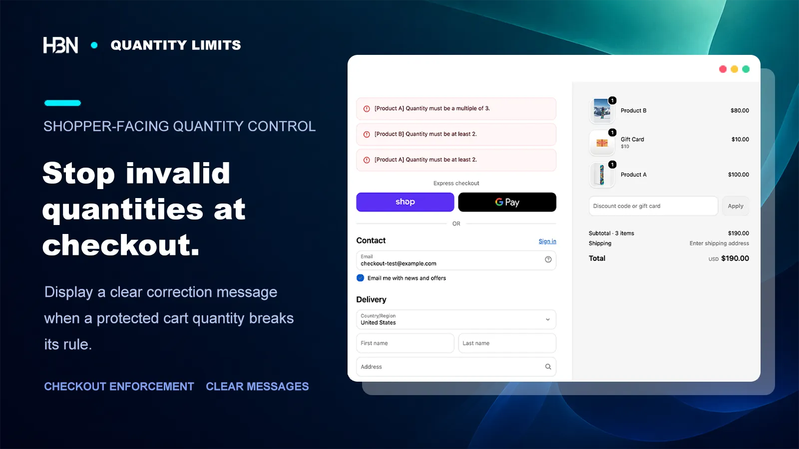 Shopify checkout showing minimum and required-multiple quantity errors for protected products
