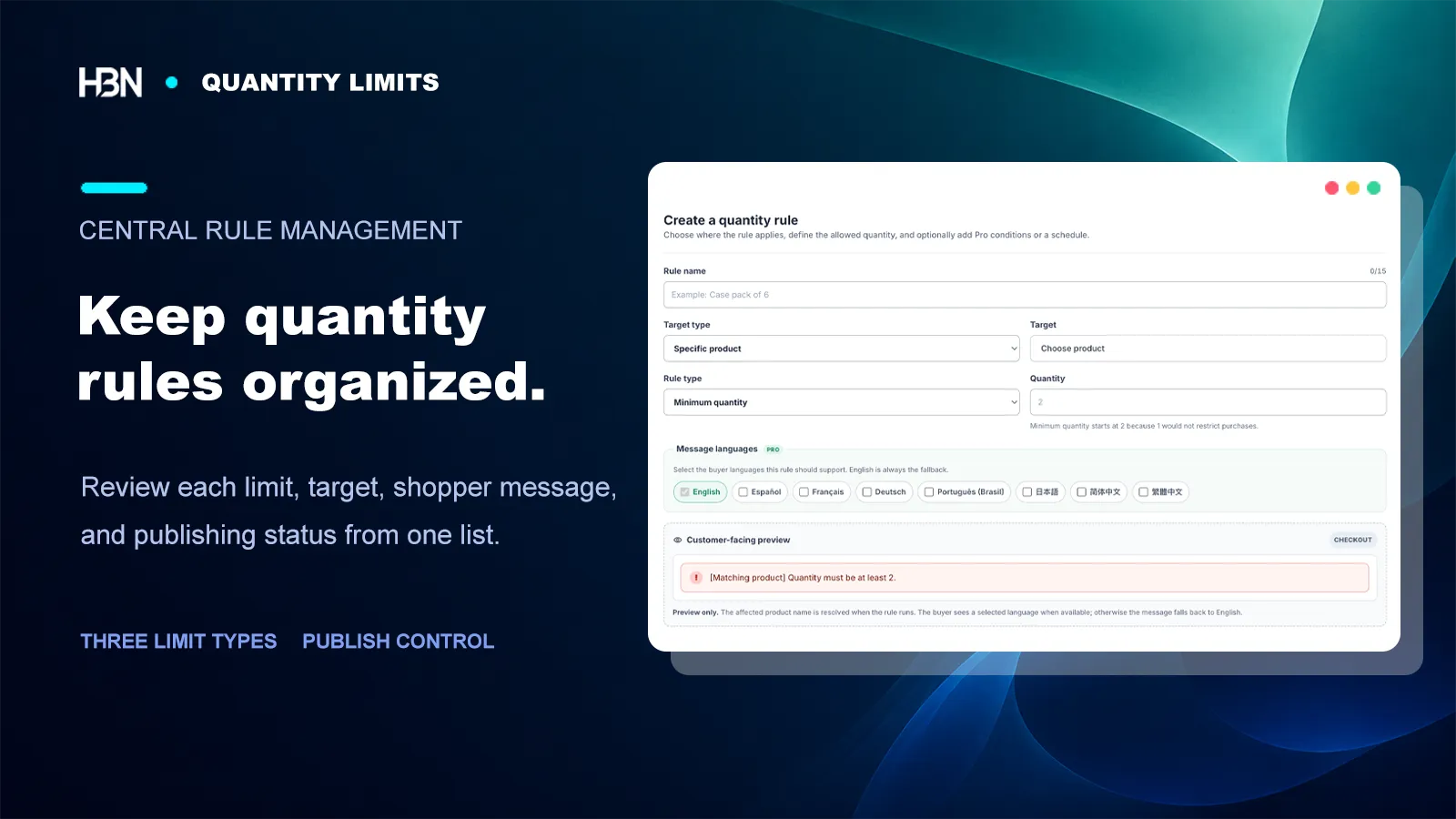 Quantity rule editor with product targeting, minimum quantity, message languages, and checkout message preview
