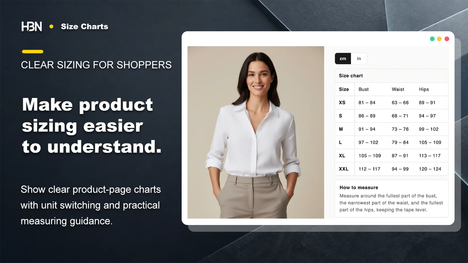 HBN Size Charts showing a product-page measurement table with centimetre and inch switching
