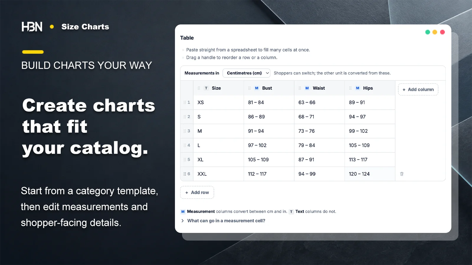 Size chart editor with centimetre measurements, text and measurement columns, and editable rows