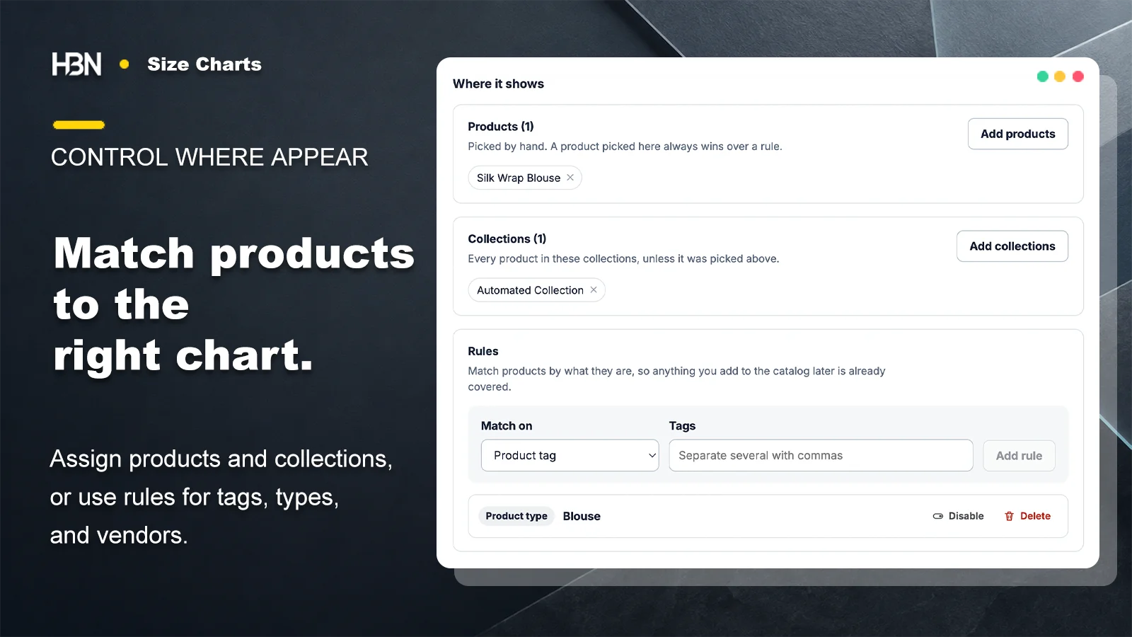 Size chart assignment screen with a selected product, collection, product tag rule, and product type rule
