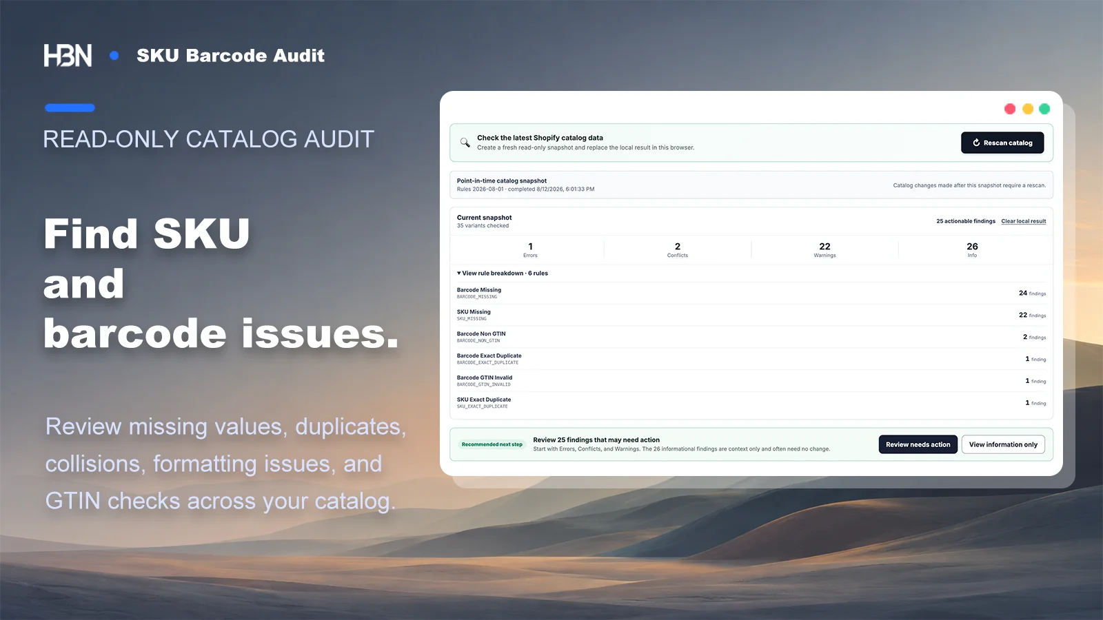 HBN SKU Barcode Audit showing a read-only catalog scan and identifier findings