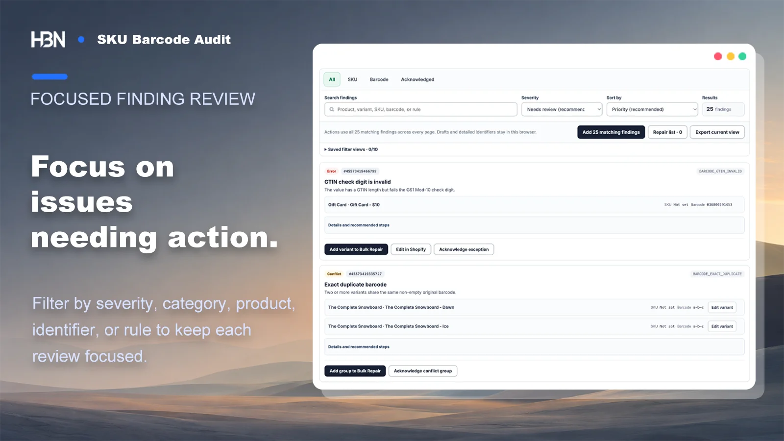 SKU and barcode audit findings filtered to issues needing action, with edit, acknowledge, export, and repair controls