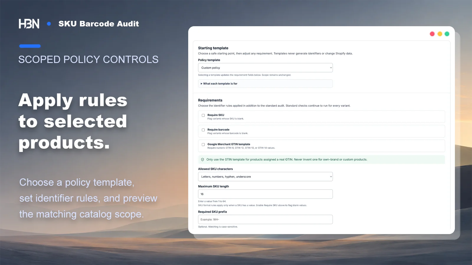 Identifier policy editor with SKU and barcode requirements, GTIN checks, character rules, length, and catalog scope controls