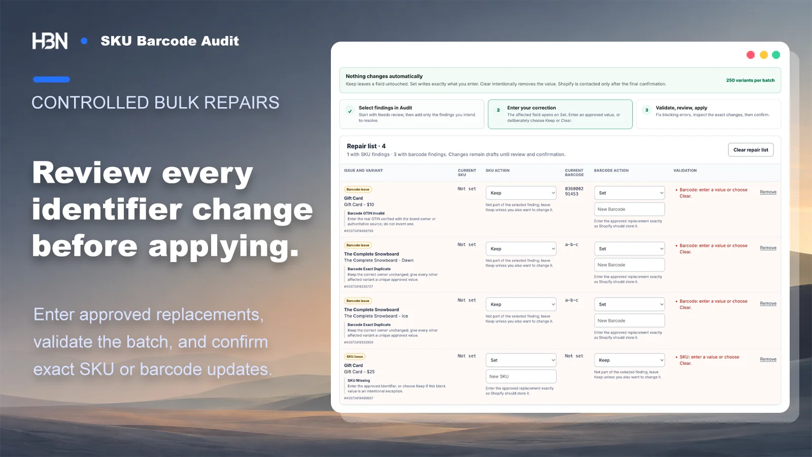 Bulk Repair review table for merchant-entered SKU and barcode changes with validation before confirmation